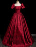 Wine Red Satin Short Sleeves Long Evening Dress, Wine Red Satin Prom Dress Party Dress